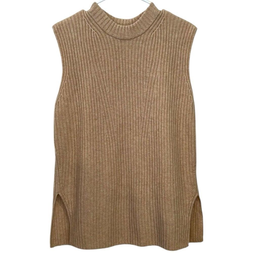 Vince Women Cashmere Wool Sleeveless Ribbed Tunic Sweater tan cream size large